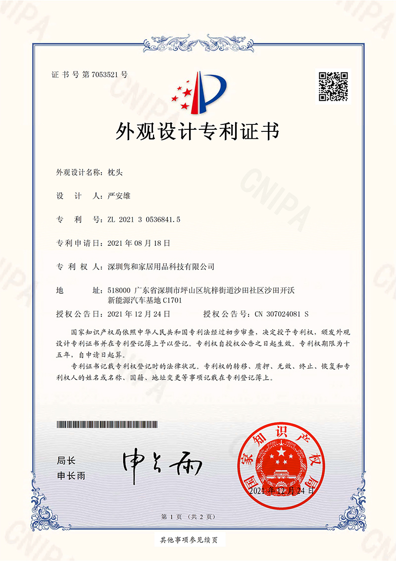 天年志云端枕外觀設(shè)計專利證書